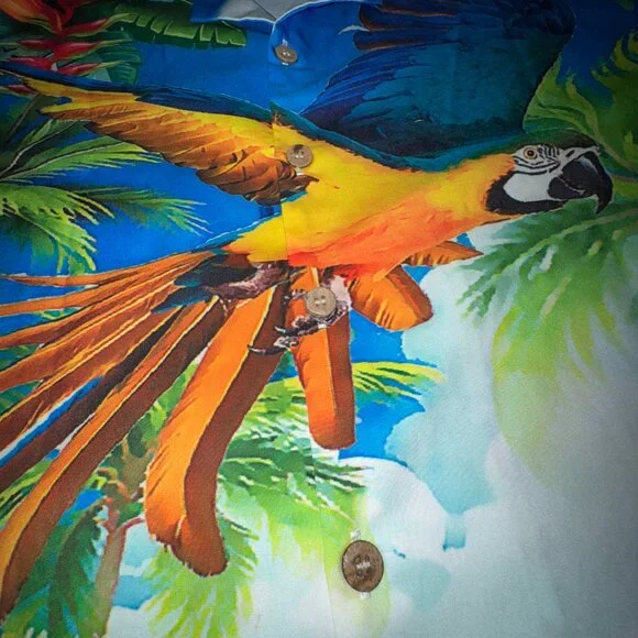 Men Hawaiian Shirt Parrots Toucan Palm Trees Short Sleeves Multicoloured size L - Picture 3 of 7